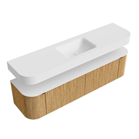MONDIAZ THOR 180cm meuble de salle de bains arrondi gauche + droite couleur Oak avec 2 tiroirs et 2 portes. Vasque suspendue CLOUD Milieu sans trou de robinet couleur Talc. SW1465902