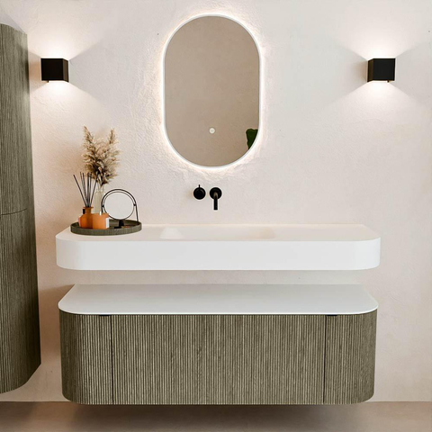 MONDIAZ THOR 140cm badmeubel ronding links + rechts kleur Shadow met 1 lade en 2 deuren. Vrijhangende wastafel CLOUD Midden zonder kraangat kleur Talc. SW1464099