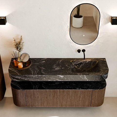 MONDIAZ THOR-DLUX 160cm meuble de salle de bains arrondi gauche + droite couleur Walnut avec 1 tiroir et 2 portes. Vasque suspendue CLOUD droite sans trou de robinet couleur Lava. SW1465030