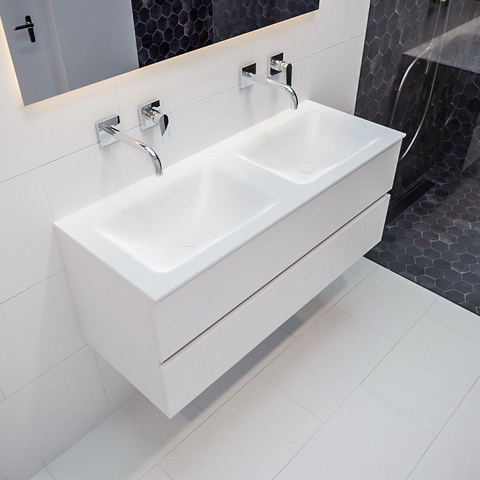 MONDIAZ VICA Ensemble de meuble salle de bain - 120cm - 2 tiroirs - lavabo Cloud double - 0 trous de robinet - solid surface talc SW409772