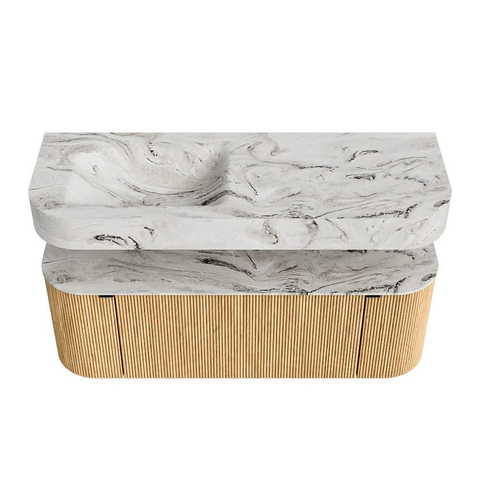 MONDIAZ THOR-DLUX 130cm badmeubel ronding links + rechts kleur Oak met 1 lade en 2 deuren. Vrijhangende wastafel CLOUD Links zonder kraangat kleur Glace. SW1463521