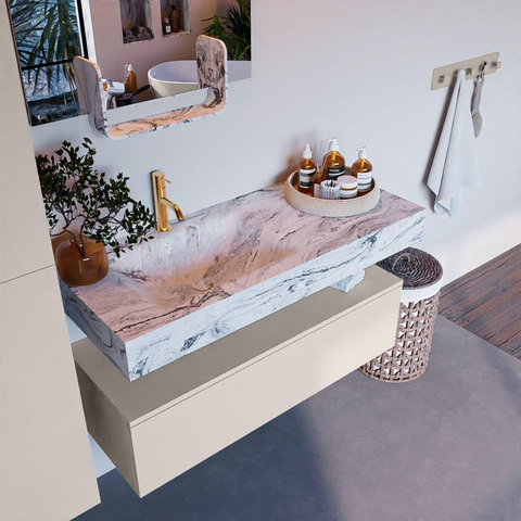 Mondiaz ALAN-DLUX Ensemble de meuble - 110cm - meuble Linen mat - 1 tiroir - Lavabo Cloud Glace suspendu - vasque Gauche - 1 trou de robinet SW805773