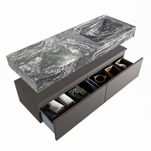 Mondiaz ALAN-DLUX Ensemble de meuble - 130cm - meuble Dark grey mat - 2 tiroirs - Lavabo Cloud Lava suspendu - vasque Droite - 1 trou de robinet SW808058