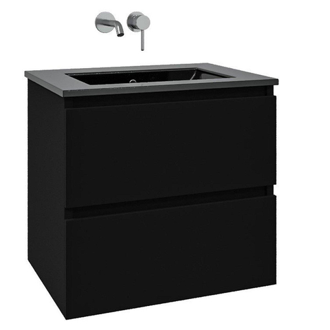 Saniclass Chaci Meuble de salle de bain - 60x46x55cm - lavabo en céramique noir - 1 vasque - sans trou de robinet - 2 tiroirs - miroir rectangulaire - noir mat SW816543