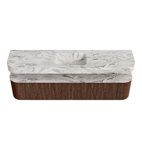 MONDIAZ THOR-DLUX 200cm badmeubel ronding links + rechts kleur Walnut met 2 lades en 2 deuren. Vrijhangende wastafel CLOUD Midden zonder kraangat kleur Glace. SW1466997
