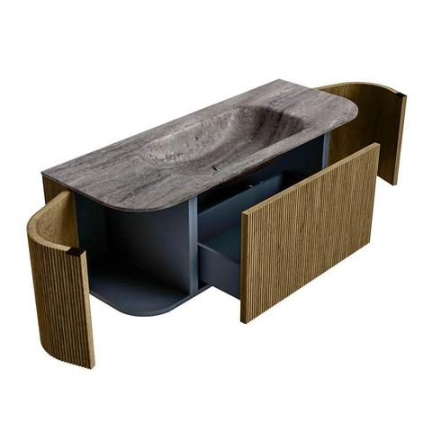 MONDIAZ KURVE-DLUX 120cm badmeubel ronding Links + Rechts kleur Dusk met 1 lade en 2 deuren. Wastafel BIG SMALL Midden 1 kraangat Oza. SW1432971
