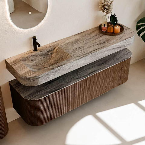 MONDIAZ THOR-DLUX 160cm meuble de salle de bains arrondi gauche + droite couleur Walnut avec 1 tiroir et 2 portes. Vasque suspendue CLOUD Gauche 1 trou de robinet couleur Oza. SW1465317