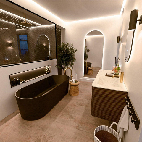 Mondiaz CIRO-DLUX Ensemble de meubles de salle de bains - 130x45x50cm - plan-vasque solid surface Opalo - 1 lavabo à droite - 1 trou de robinet - 4 tiroirs - Dusk SW1532948