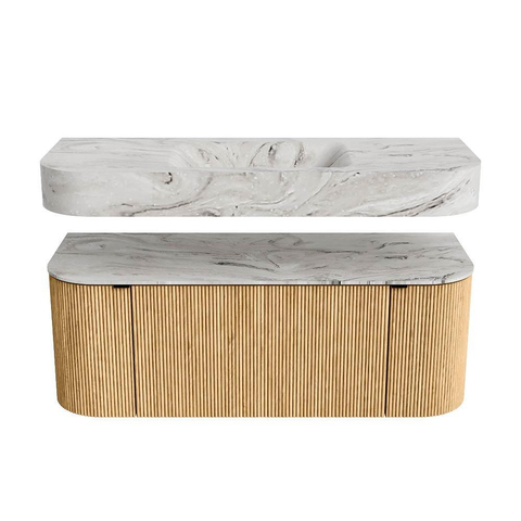 MONDIAZ THOR-DLUX 120cm meuble de salle de bains arrondi gauche + droite couleur Oak avec 1 tiroir et 2 portes. Vasque suspendue CLOUD Centre sans trou de robinet couleur Glace. SW1463044