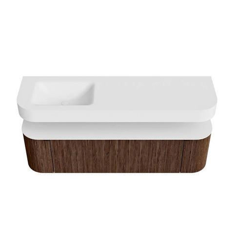 MONDIAZ THOR 160cm badmeubel ronding links + rechts kleur Walnut met 1 lade en 2 deuren. Vrijhangende wastafel CLOUD Links 1 kraangat kleur Talc. SW1465006