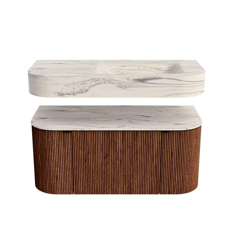 MONDIAZ THOR-DLUX 100cm meuble de salle de bains arrondi gauche + droite couleur Ruby avec 1 tiroir et 2 portes. Vasque suspendue CLOUD Droite sans trou de robinet couleur Nata. SW1467585