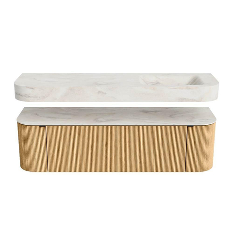 MONDIAZ THOR-DLUX 160cm badmeubel ronding links + rechts kleur Oak met 1 lade en 2 deuren. Vrijhangende wastafel CLOUD Rechts zonder kraangat kleur Ostra. SW1464984