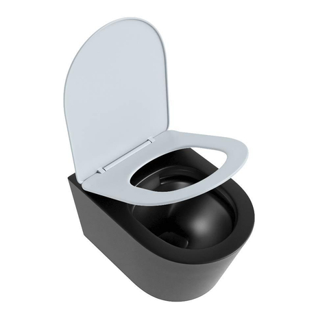 Mondiaz LAVIE hangtoilet – spoelrandloos – 36 x 53 cm – met softclose zitting – Urban (zwart), zitting Clay (lichtblauw/grijs) SW1208785