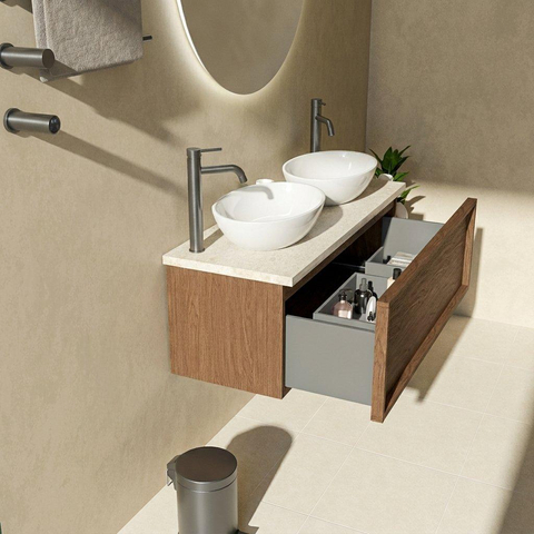 Saniclass Holz Frame Badkamermeubelset - 120x45x43cm - Travertine natuurstenen topblad - 2 kraangaten - 1 lade - mat walnut pure (hout) SW1478886
