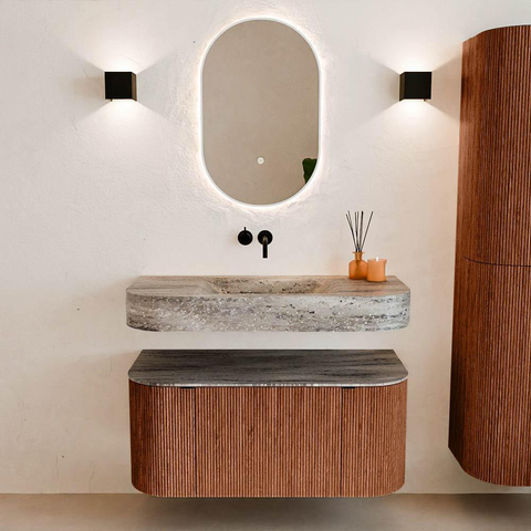 MONDIAZ THOR-DLUX 100cm meuble de salle de bains arrondi gauche + droite couleur Ruby avec 1 tiroir et 2 portes. Vasque suspendue CLOUD Milieu sans trou de robinet couleur Oza. SW1467539