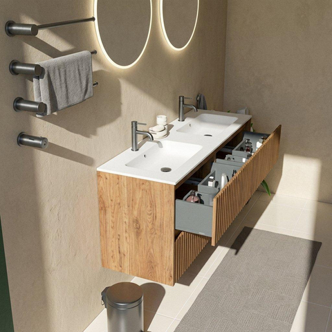 Saniclass Holz Atelier Badkamermeubelset - 140x45x61.5cm - Flow solid surface wastafel wit - 2 wasbakken - 2 kraangaten - 4 lades - mat eiken natural (hout) SW1478434