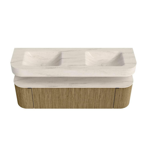 MONDIAZ THOR-DLUX 160cm meuble de salle de bains arrondi gauche + droite couleur Dusk avec 1 tiroir et 2 portes. Vasque suspendue CLOUD Double sans trou de robinet couleur Meli. SW1465147