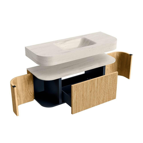MONDIAZ THOR-DLUX 120cm badmeubel ronding links + rechts kleur Oak met 1 lade en 2 deuren. Vrijhangende wastafel CLOUD Midden 1 kraangat kleur Meli. SW1463341