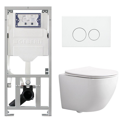 Pack WC QeramiQ Dely Swirl Compact - réservoir encastrable Geberit UP320 - avec bâti-support Burda - abattant slim - plaque de commande en plastique blanc brillant - boutons ronds - blanc brillant SW1591099