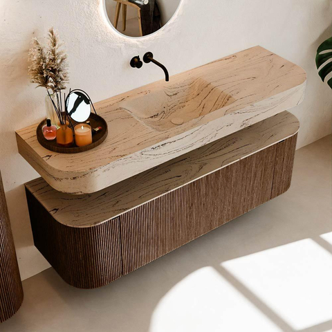 MONDIAZ THOR-DLUX 150cm badmeubel ronding links + rechts kleur Walnut met 1 lade en 2 deuren. Vrijhangende wastafel CLOUD Midden zonder kraangat kleur Arena. SW1464718
