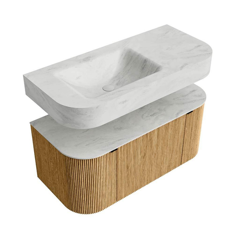 MONDIAZ THOR-DLUX 100cm badmeubel ronding links + rechts kleur Oak met 1 lade en 2 deuren. Vrijhangende wastafel CLOUD Links zonder kraangat kleur Opalo. SW1467318