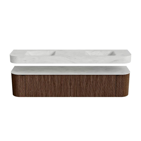 MONDIAZ THOR-DLUX 200cm badmeubel ronding links + rechts kleur Walnut met 2 lades en 2 deuren. Vrijhangende wastafel CLOUD Dubbel 2 kraangaten kleur Opalo. SW1466999