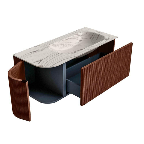 MONDIAZ KURVE-DLUX Meuble de salle de bains 105cm courbe gauche couleur Ruby avec 1 tiroir et 1 porte. Lavabo BIG SMALL droite 1 trou de robinet Nata. SW1432527