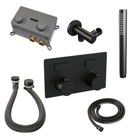 BRAUER Black Edition mitigeur de baignoire encastré thermostatique - boutons-poussoirs SET 03 - combinaison de remplissage de baignoire - douchette barre - flexible de douche - coude mural - noir mat SW925411
