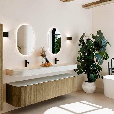 MONDIAZ THOR-DLUX 190cm meuble de salle de bains arrondi gauche + droite couleur Dusk avec 2 tiroirs et 2 portes. Vasque suspendue CLOUD Double 2 trous de robinet couleur Opalo. SW1466473