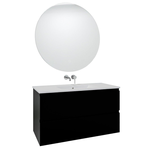 Saniclass Chaci Meuble de salle de bain - 100x46x55cm - lavabo en céramique blanc - 1 vasque - sans trous de robinet - 2 tiroirs - ronde miroir avec éclairage - noir mat SW816289