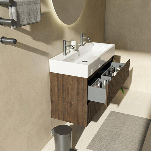 Saniclass Holz Atelier Badkamermeubelset - 100x45x72cm - Legend keramische wastafel wit - 1 wasbak - 2 kraangaten - 2 lades - mat eiken charcoal (hout) SW1478501