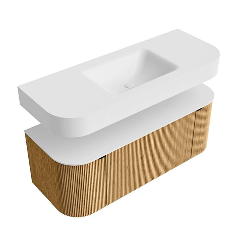 MONDIAZ THOR 120cm meuble de salle de bains arrondi gauche + droite couleur Oak avec 1 tiroir et 2 portes. Vasque suspendue CLOUD Milieu 1 trou de robinet couleur Talc. SW1463082