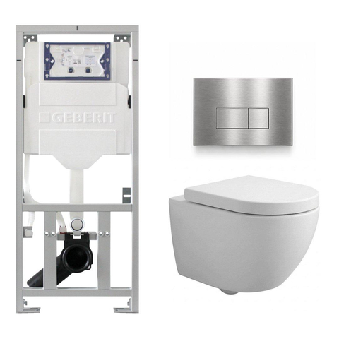 QeramiQ Dely Swirl Compact Toiletset - inbouwreservoir Geberit UP320 - met Burda frame - 25mm zitting - metalen bedieningsplaat RVS - rechthoekige knoppen - glans wit SW1592325