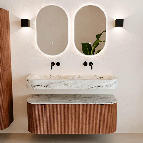 MONDIAZ THOR-DLUX 120cm meuble de salle de bains arrondi gauche + droite couleur Ruby avec 1 tiroir et 2 portes. Vasque suspendue CLOUD Double sans trou de robinet couleur Glace. SW1463094