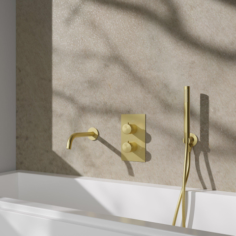 Fortifura Calvi Ensemble de robinet de baignoire - bec - 22cm réductible - flexible en métal - douchette à main - partie encastrable - support mural - laiton brossé SW1242590