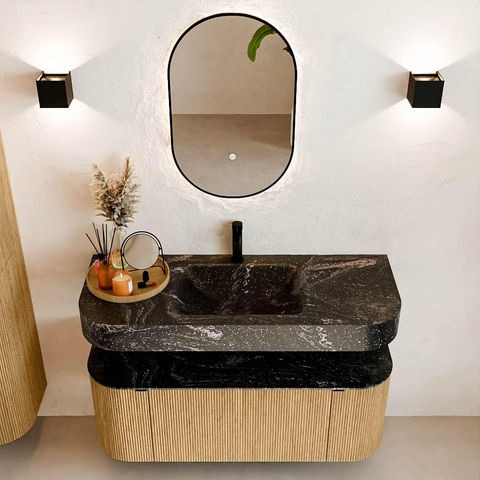MONDIAZ THOR-DLUX Meuble de salle de bains 120cm arrondi gauche + droite couleur Oak avec 1 tiroir et 2 portes. Vasque suspendue CLOUD Milieu 1 trou de robinet couleur Lava. SW1463084
