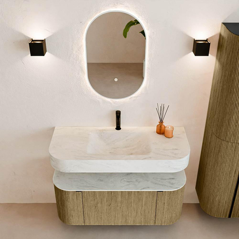 MONDIAZ THOR-DLUX Meuble de salle de bains - 110cm - arrondi gauche + droite - couleur Dusk - 1 tiroir - 2 portes - Vasque suspendue CLOUD Milieu 1 trou de robinet - couleur Opalo SW1462821