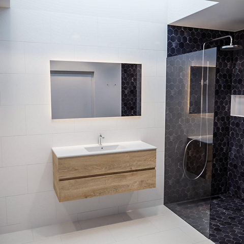 MONDIAZ VICA Ensemble de meuble salle de bain - 120cm - 2 tiroirs - lavabo Denia milieu - 1 trou de robinet - céramique chêne blanchi SW410095