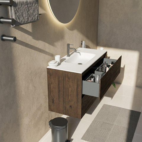 Saniclass Holz Pure Badkamermeubelset - 100x45x61.5cm - Flow solid surface wastafel wit - 1 wasbak - 1 kraangat - 2 lades - mat eiken charcoal (hout) SW1478405