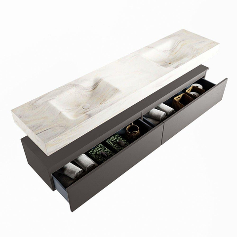 Mondiaz ALAN-DLUX Ensemble de meuble - 200cm - meuble Dark grey mat - 2 tiroirs - Lavabo Cloud Ostra suspendu - vasque Gauche et droite - 2 trous de robinet SW807194