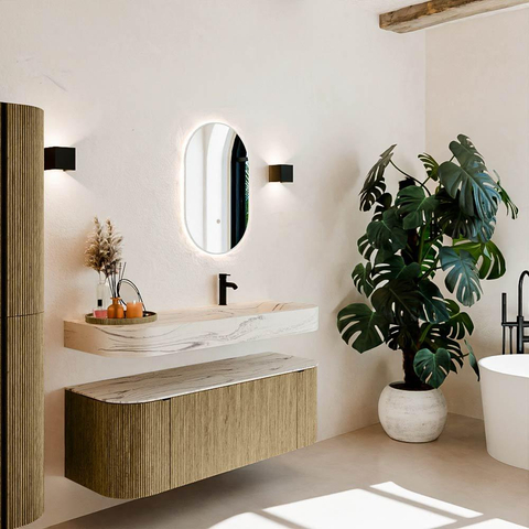 MONDIAZ THOR-DLUX 130cm meuble de salle de bains arrondi gauche + droite couleur Dusk avec 1 tiroir et 2 portes. Vasque suspendue CLOUD Droite 1 trou de robinet couleur Nata. SW1463879