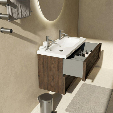 Saniclass Holz Frame Ensemble meuble de salle de bains - 100x45x63.5cm - lavabo en céramique Palermo blanc - 1 vasque - 2 trous de robinetterie - 2 tiroirs - chêne charcoal mat (bois) SW1579719