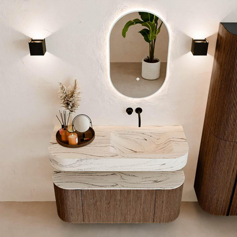 MONDIAZ THOR-DLUX 110cm badmeubel ronding links + rechts kleur Walnut met 1 lade en 2 deuren. Vrijhangende wastafel CLOUD Rechts zonder kraangat kleur Nata. SW1462947