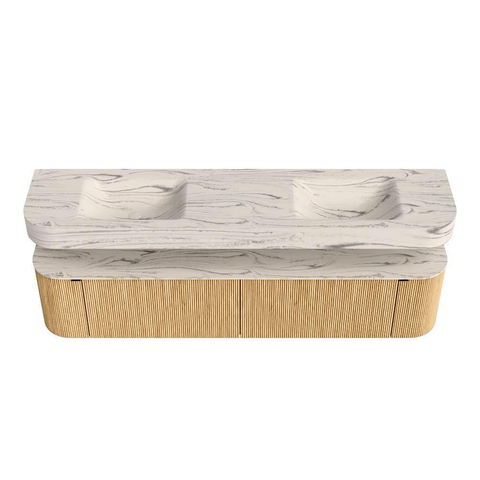 MONDIAZ THOR-DLUX 200cm meuble de salle de bains arrondi gauche + droite couleur Chêne avec 2 tiroirs et 2 portes. Vasque suspendue CLOUD Double sans trou de robinet couleur Nata. SW1467150