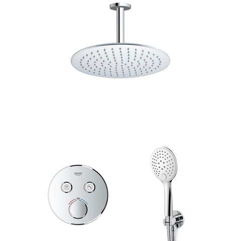 Grohe - Adema Rise ensemble de douche pluie – douche de tête Ø 30 cm – bras de plafond 20 cm – douchette ronde – support fixe – chrome SW811932