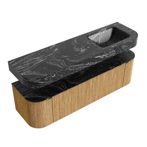 MONDIAZ THOR-DLUX 160cm meuble de salle de bains arrondi gauche + droite couleur Oak avec 1 tiroir et 2 portes. Vasque suspendue CLOUD Droite sans trou de robinet couleur Lava. SW1464981