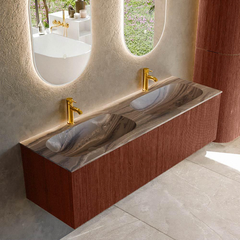 MONDIAZ KURVE-DLUX Meuble de salle de bains 150 cm couleur Ruby avec 2 tiroirs et 0 portes. Lavabo STOR SMALL Double 2 trous de robinet Sombra. SW1434007