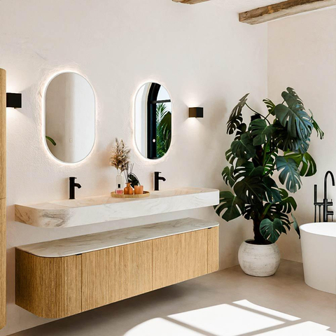 MONDIAZ THOR-DLUX 180cm badmeubel ronding links + rechts kleur Oak met 2 lades en 2 deuren. Vrijhangende wastafel CLOUD Dubbel 2 kraangaten kleur Ostra. SW1465925