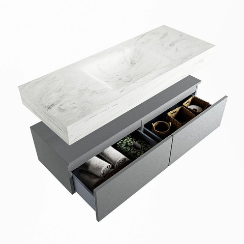 Mondiaz ALAN-DLUX Ensemble de meuble - 120cm - meuble Plata mat - 2 tiroirs - Lavabo Cloud Opalo suspendu - vasque Centre - 1 trou de robinet SW807211
