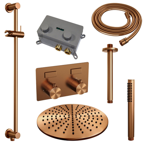 BRAUER Copper Edition Thermostatische Regendouche inbouw - drukknoppen - SET 66 - 30cm hoofddouche - plafondarm - staaf handdouche - doucheslang - geïntegreerde glijstang - koper geborsteld PVD SW925612